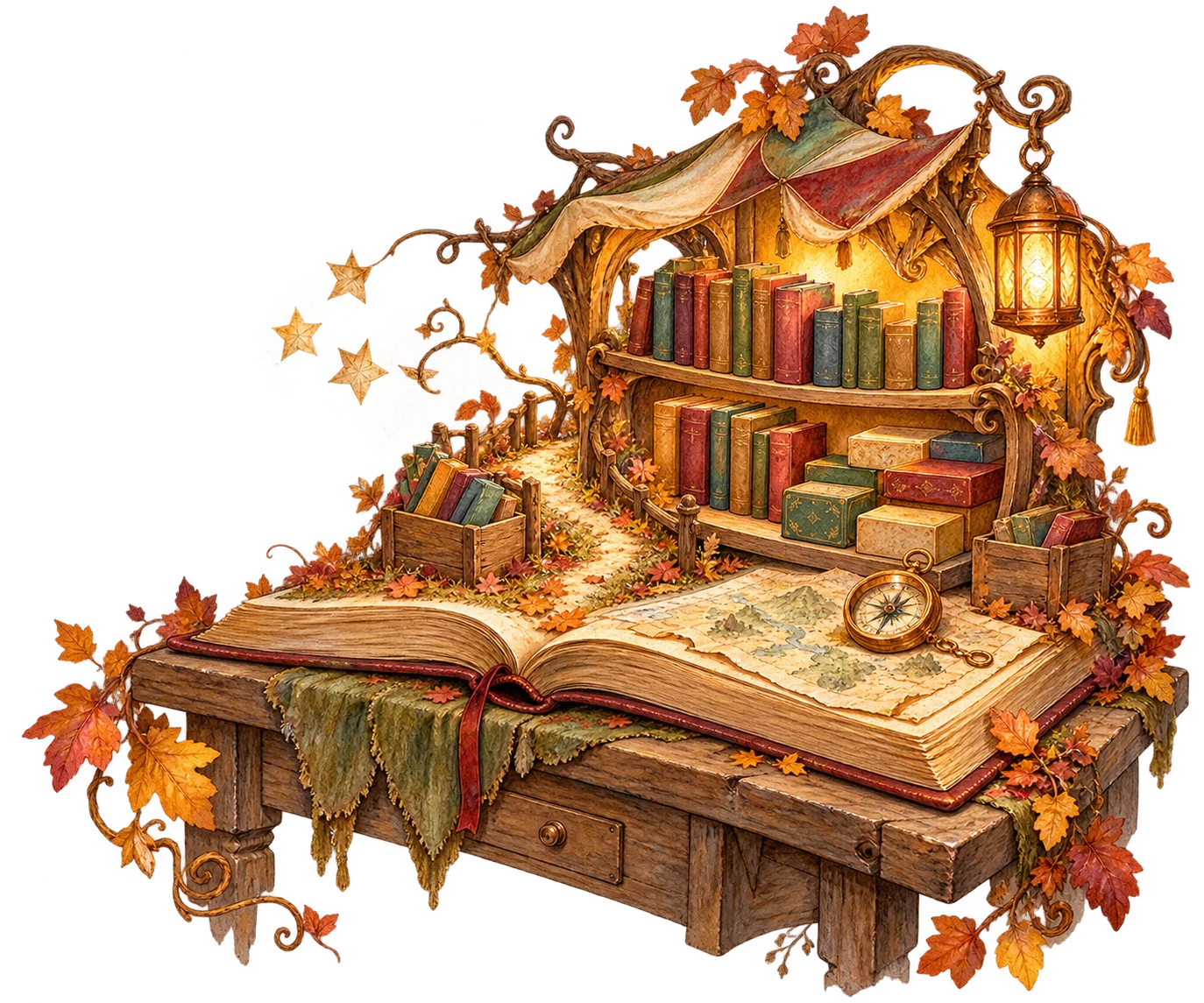 Приказно ателие с книги, игри, карта и фенер, израсло от отворена книга