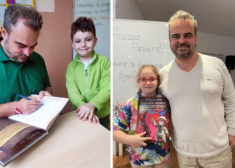 Никола Райков подписва книга за малък читател и се снима с читателка